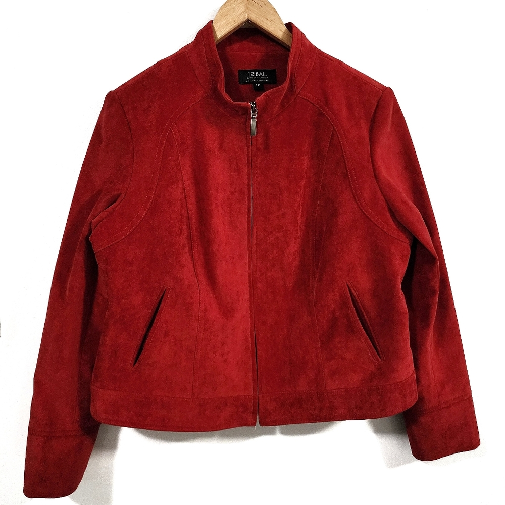 TRIBAL Faux Suede Women's Dark Red Zip Jacket Size 12